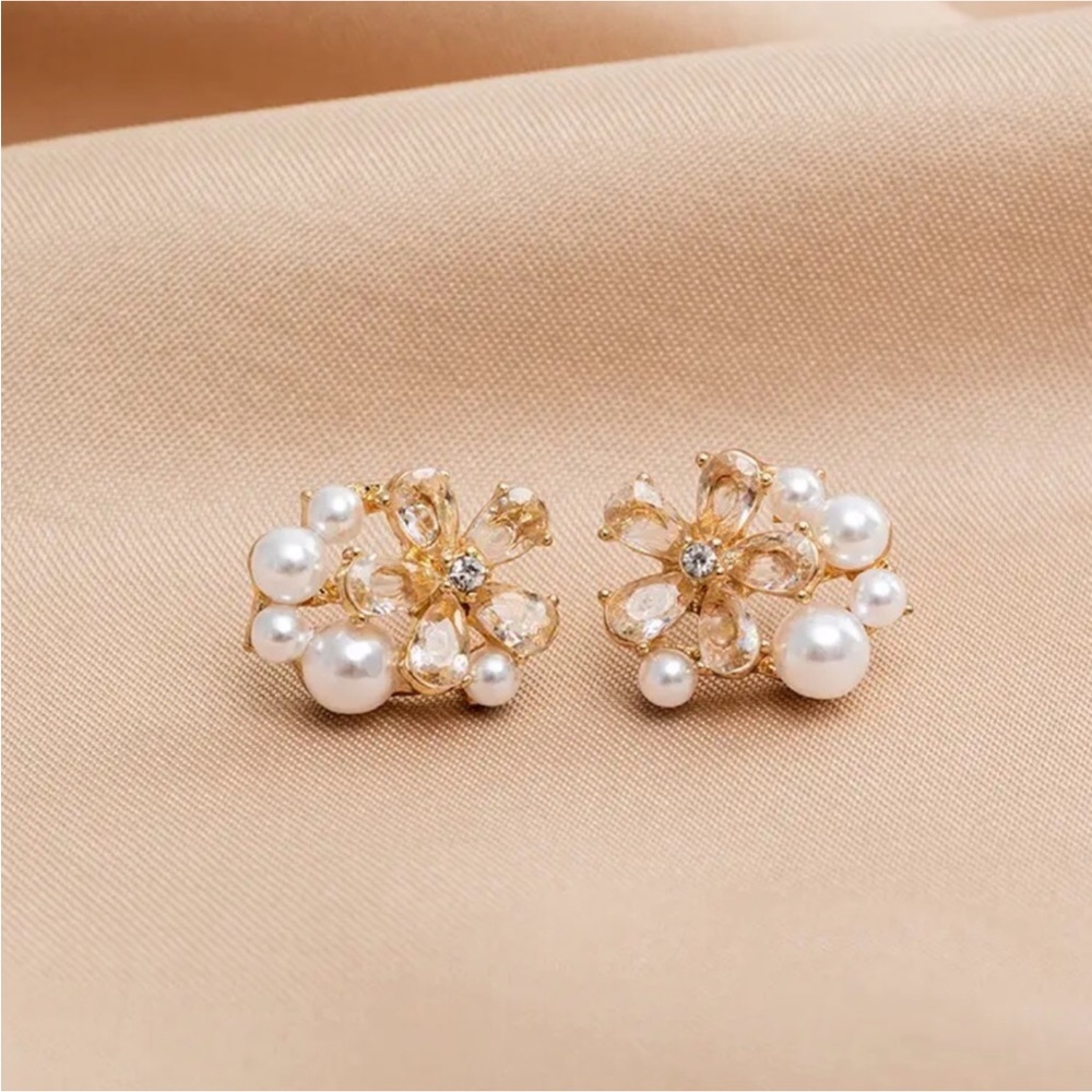 Gold Filled Floral Pearl CZ Earrings